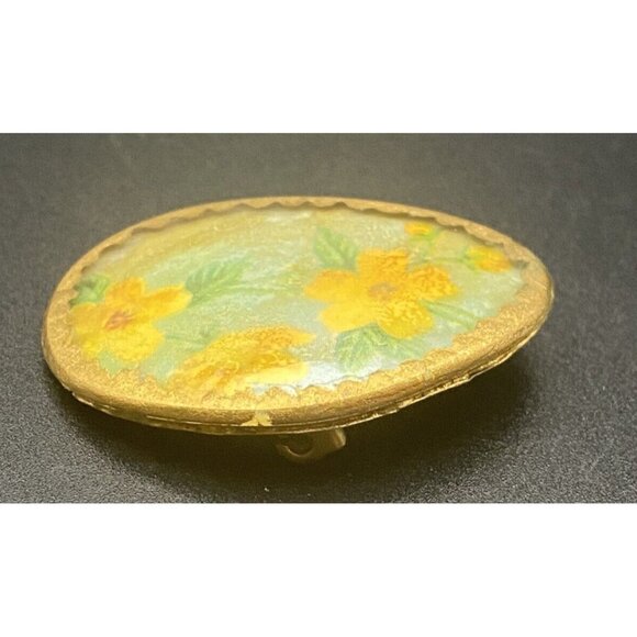 Antique Eyeglass Art  Brooch Hand Painted Lens Yellow Flowers Glass Gold Tone - Picture 4 of 8
